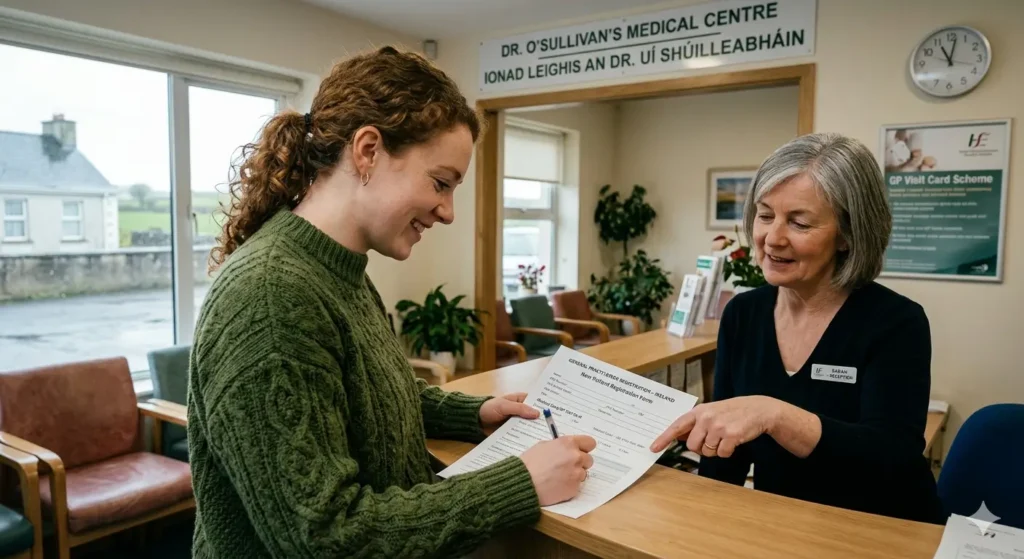 Patient registering with GP in Ireland completing registration form at medical practice reception
