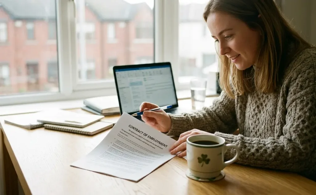 Contract of employment Ireland document on desk with pen and employee reviewing terms