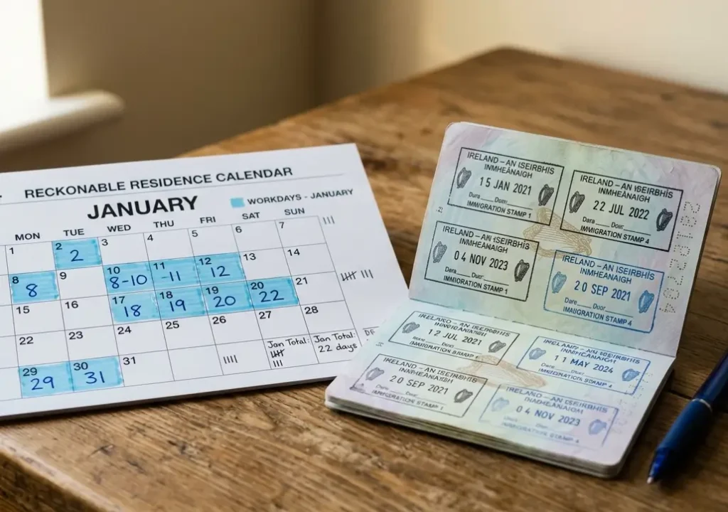 Calendar and Irish immigration stamps used to calculate reckonable residence for citizenship
