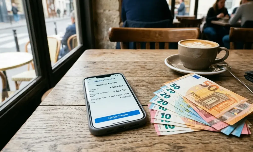 Phone showing an international money transfer app next to euro notes