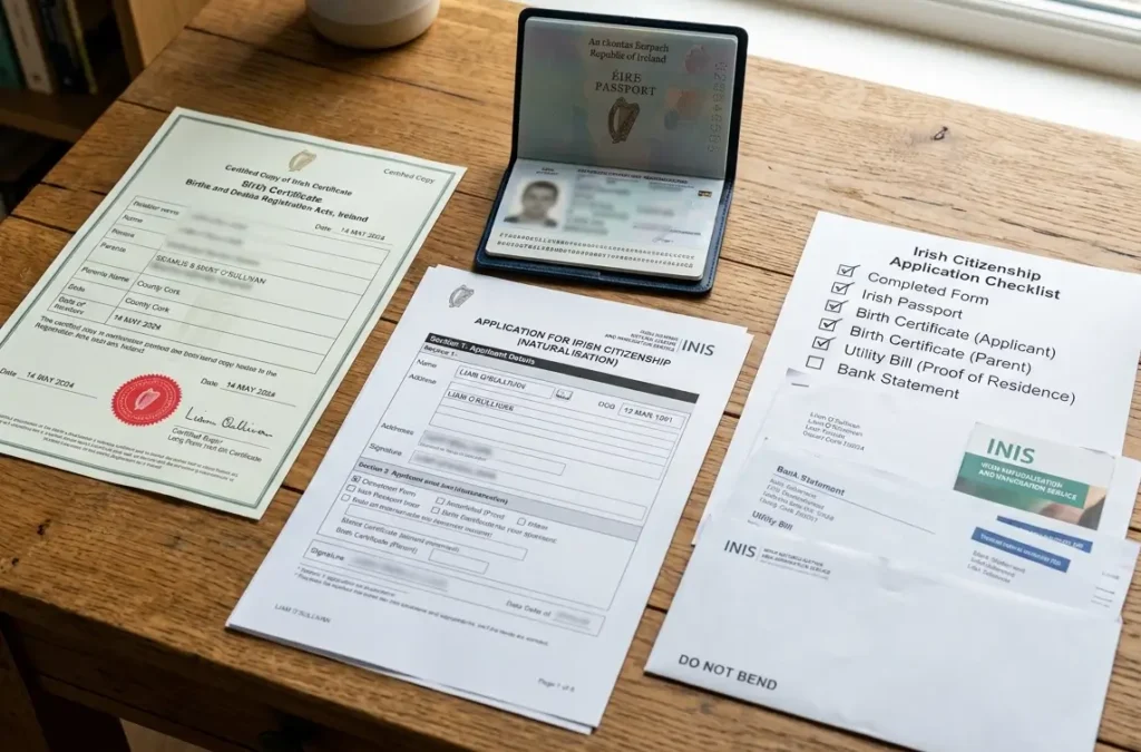 Passport, birth certificate and documents laid out for an Irish citizenship application