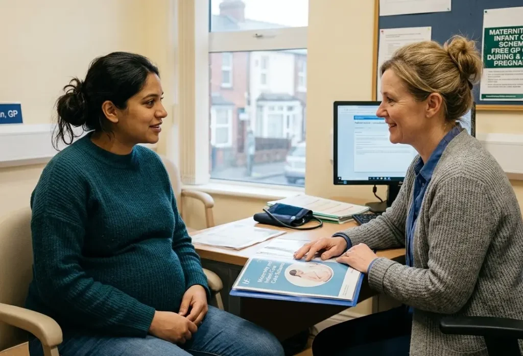 Pregnant woman at a GP appointment covered under Ireland's Maternity and Infant Care Scheme
