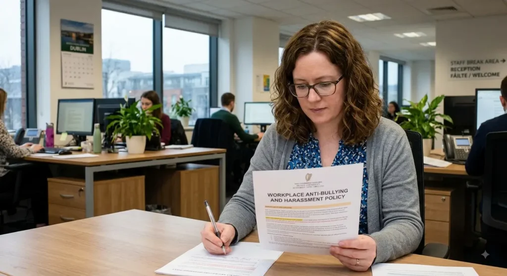 Employee reviewing workplace anti-bullying policy document in an Irish office